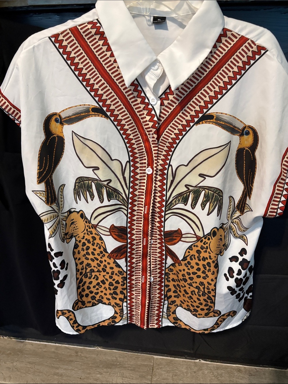 Mixed Print Short Sleeve Button-Up Top - White with Animal Print - Picture 3 of 10